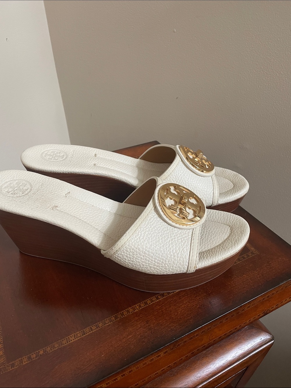 Tory Burch White Leather Wedge Slides with Gold Logo Medallion